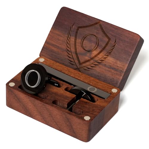 Mens Initial Cufflinks and Tie Clip A-Z Alphabet Letter Black Stainless Cuff Links Tie Bar with Engraved Walnut Wood Box Groom Groomsman Wedding Set - style: Classic-O