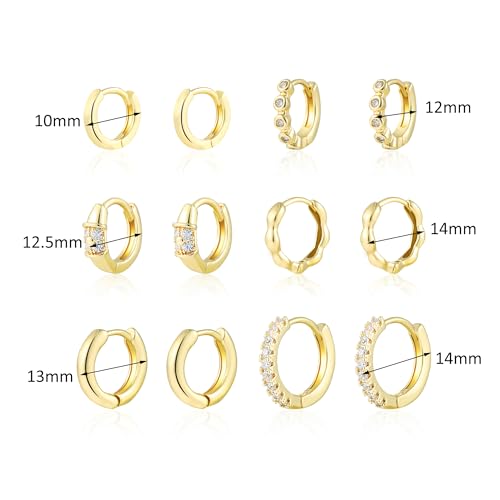 Wgoud Small Gold Hoop Earrings Set for Women, 6 Pairs 14K Gold Plated Hypoallergenic Lightweight Huggie Hoops Earrings, Trendy Cartilage Cubic Zirconia Earrings for Women Gifts. - color: A-Gold