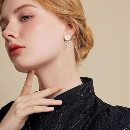 MALOYANVE 4PCS Bow Necklace Earrings Bracelet Ring Set for Women Elegant Bowknot - Adorned Pearl Jewelry Silk Ribbon Necklace Bracelet and Earrings for Christmas - style: Hollow White Bow