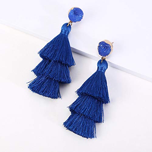Bohemian Tiered Tassel Earrings with Druzy Stud for Women | Long Layered Fringe Drop Earrings, Statement Jewelry for Party Beach Festival - color: Royal Blue