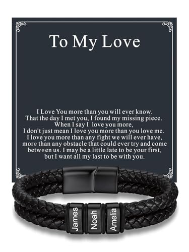 Custom4U Personalized Braided Leather Bracelet for Men with Name Engraved | 1-5 Name Engraving, Stainless Steel Bead, 7.5/8.3/9 Inch Black Leather, Gift Design for Men with Custom Keepsake Cards - color: 02-Black Color-To My Love, size: 3 Names