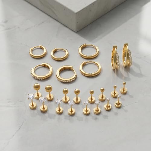 Stainless Steel Stud Earrings Set for Women Hypoallergenic Flat Back Cartilage Earrings Screw Back Huggie Hoop Earrings Multiple Piercing Cubic Zirconia Helix Tragus Jewelry - color: Set-C-14K Gold Plated