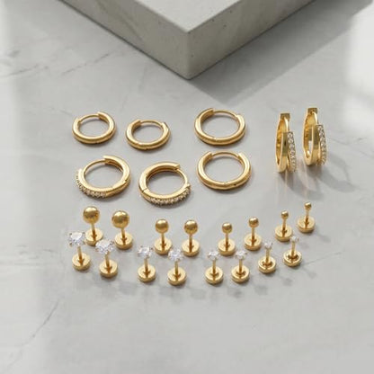 Stainless Steel Stud Earrings Set for Women Hypoallergenic Flat Back Cartilage Earrings Screw Back Huggie Hoop Earrings Multiple Piercing Cubic Zirconia Helix Tragus Jewelry - color: Set-C-14K Gold Plated