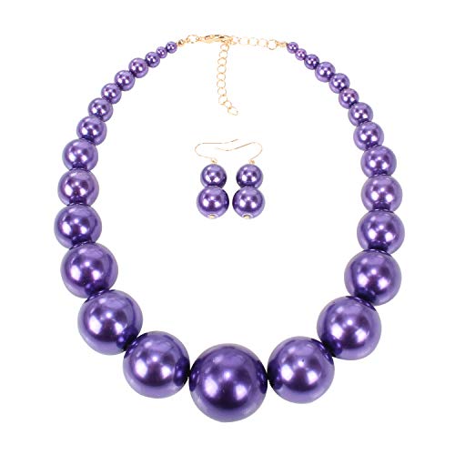 Large Style Big Imitate Pearl Strand Choker Necklace With Earrings Set - color: purple