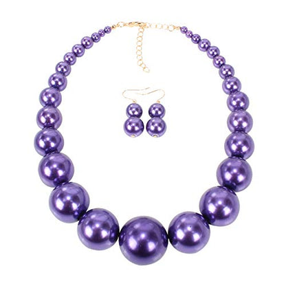 Large Style Big Imitate Pearl Strand Choker Necklace With Earrings Set - color: purple