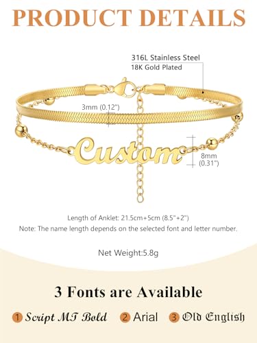 Custom4U Custom Name Anklet Bracelets for Women Waterproof Beaded/Figaro/Cuban/Rope/Wheat Chain Anklet Stackable Gold Plated Non Tarnish Custom Beach Gift Barefoot Summer Jewelry for Her - color: F01-Gold Herringbone Chain