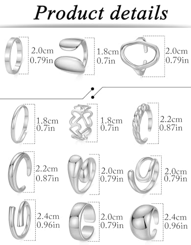 12Pcs Gold Chunky Rings 18K Gold Plated Stackable Open Knuckle Ring Set Hollow Heart Twist Croissant Dome Band Statement Finger Rings for Women Gold Silver Tone Adjustable - color: B-Sliver