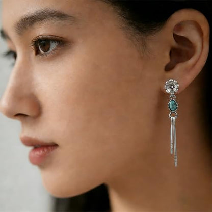 1 Pair Silver Tone Simulated Turquoise Dangle Earrings for Women,Boho Style Long Earrings,Womens Western Earrings,Tassel Drop Earrings,Vintage FlowerEarrings,Western Jewelry