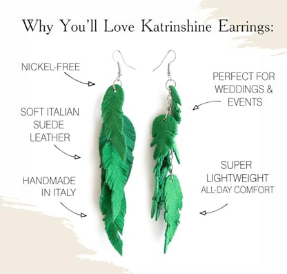 Leather Feather Earrings, Suede layered earrings, boho wedding jewelry, summer earrings, gift for her, dangle earrings - color: green