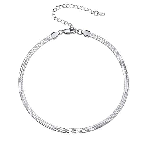 PROSTEEL 3mm/5mm Herringbone Choker Necklace for Women, 12.5"/15"/18", Stainless Steel/Sterling Silver Flat Snake Chain in Silver/Yellow Gold/Rose Gold/Black, Come with Box - color: 5mm-Stainless Steel, size: 12.5 Inch