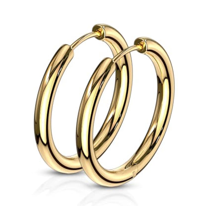 316L Stainless Steel 2.5mm Thick Round Hinged Hoop Earrings, Sold as a Pair - color: Gold Tone, size: 16mm Diameter