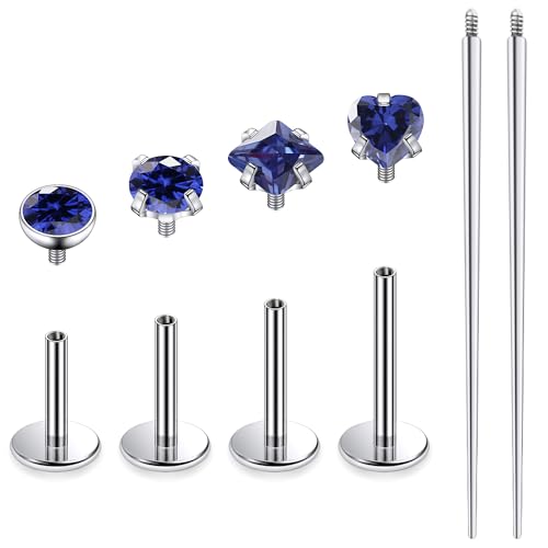 Titanium Flat Back Lip Rings Internally Threaded Earrings Studs Nose Rings 20G 18G 16G Round Heart Square CZ Tragus Cartilage Lobe Rook Helix Conch Labret Medusa Piercing Jewelry for Women Men - color: Blue CZ, size: 20G-6/8/10mm