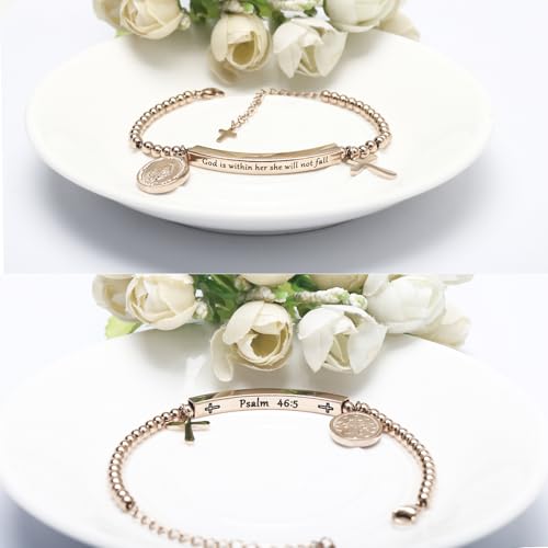 DS Inspirational Bracelet for Women Christian Engraved Bibler Verse Cross Butterfly Daisies Charm Bracelet, Exquisite Stainless Steel Jewelry Daughter Best Friend Bestie - style: God is Within Her She Will Not Fall-Rose Gold