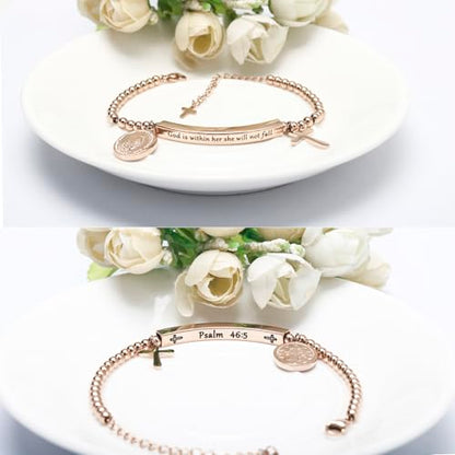DS Inspirational Bracelet for Women Christian Engraved Bibler Verse Cross Butterfly Daisies Charm Bracelet, Exquisite Stainless Steel Jewelry Daughter Best Friend Bestie - style: God is Within Her She Will Not Fall-Rose Gold