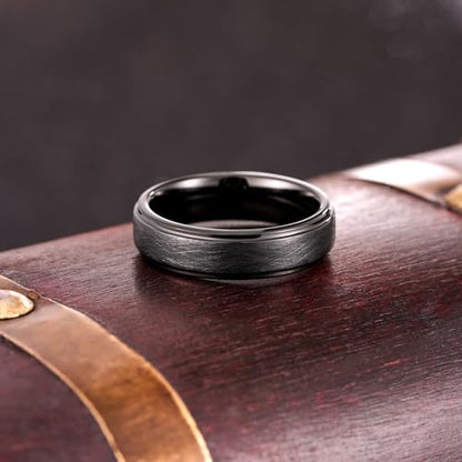 King Will Classic Tungsten Carbide Ring Brushed Two Grooved Center Hammered Design Mens Wedding Band for Men | Black/Silver/Gold, 8mm, Men's Wedding Band, Grooved, Comfort Fit, Everyday Wear - color: C-Black 6mm