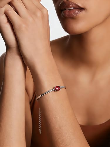 Moissanite/Sapphire/Ruby/Emerald Cuff Bracelet 1 Carat Oval Cut Center Stone Inlaid 925 Sterling Silver 14K Gold Plated Adjustable Birthstone Bangle for Women fit Wrist 5-7.5 Inch - color: Ruby Silver