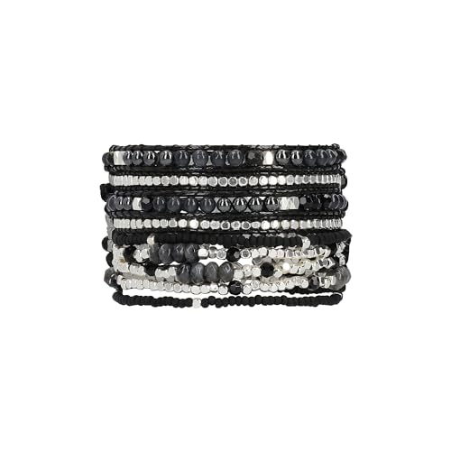 Bracelet for Women – Handmade Vegan Boho Natural Stone Layered Bracelet, Thailand Bohemian Stackable Beaded Wrap Bracelets, Summer Hippie Bracelet Stack, Fashion Jewelry Gifts - color: A33-Black Silver