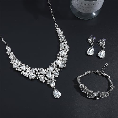 NEWITIN 4 Pieces Crystal Jewelry Set for Women Wedding Costume Accessories | Hypoallergenic, Cubic Zirconia, Necklace Earrings Bracelet, Tennis, Silver Jewelry for Wedding Bride Bridesmaid Party Prom - color: Silver Shiny