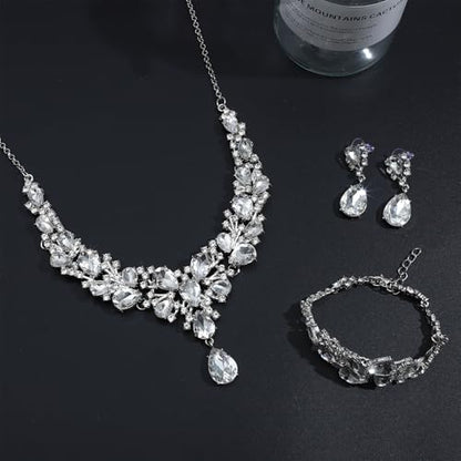 NEWITIN 4 Pieces Crystal Jewelry Set for Women Wedding Costume Accessories | Hypoallergenic, Cubic Zirconia, Necklace Earrings Bracelet, Tennis, Silver Jewelry for Wedding Bride Bridesmaid Party Prom - color: Silver Shiny