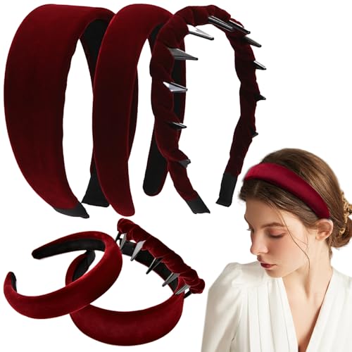 3Pcs Women's Wine Red Velvet Headband, Non-slip Padded Headband, High Cranium Hairband, with Toothed Hair Hoops Accessories for Girls (3Pcs Wine Red, One Size) - color: Wine Red