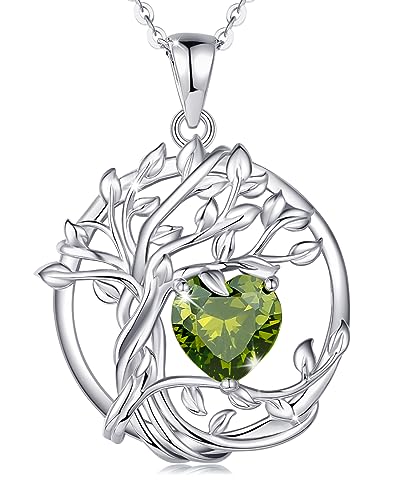 FANCIME Tree of life Birthstone necklace Sterling Silver Pendant Birthstone Necklace Gemstone Anniversary Birthday Jewelry Mothers Day Gifts for Mom Her Wife - color: Aug.-Peridot