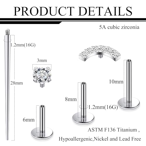 Titanium Flat Back Lip Rings Internally Threaded Earrings Studs Nose Rings 16G Cross Curve Stripe Tragus CZ Cartilage Lobe Rook Helix Conch Labret Medusa Piercing Jewelry for Women Men - style: Curve