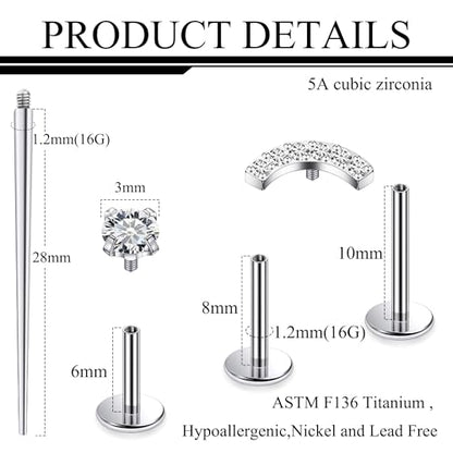 Titanium Flat Back Lip Rings Internally Threaded Earrings Studs Nose Rings 16G Cross Curve Stripe Tragus CZ Cartilage Lobe Rook Helix Conch Labret Medusa Piercing Jewelry for Women Men - style: Curve
