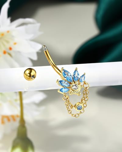 COCHARM 14G Lotus Belly Button Rings Dangle Belly Navel Rings for Women Surgical Steel Navel Piercing jewelry - color: YGBL-10MM
