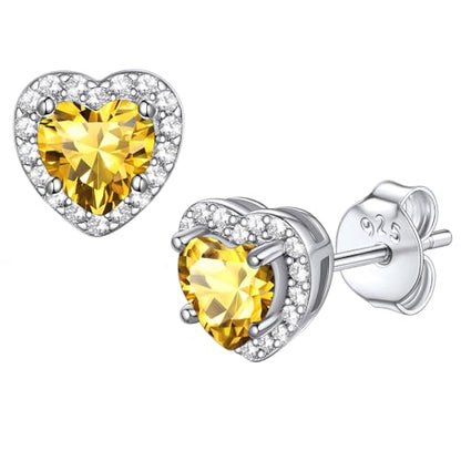 Bestyle 8mm Small Birthstone Earrings for Women with Hypoallergenic Sterling Silver Post,Sparkle Heart/Round Womens Studs Earrings, Great Birthday/Christmas/Anniversary Jewelry for Wife Mother - color: 11. Nov. Yellow Topaz-Heart