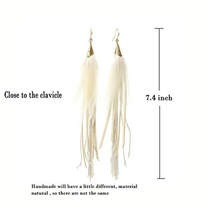 Bohemian Feather Dangle Earrings for Women with Shell Beads Long Tassel Design Drop Earrings - style: Style-Beige