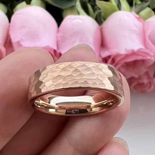 TUTISS 6mm 8mm Silver/Black/Gunmetal/Gold/Rose Gold Hammered Tungsten Rings for Men Women Couple Fashion Jewelry Engagement Wedding Bands Matte Finish Comfort Fit - color: 6mm Rose Gold Tungsten