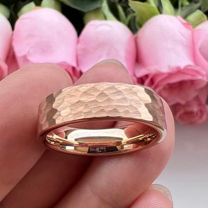 TUTISS 6mm 8mm Silver/Black/Gunmetal/Gold/Rose Gold Hammered Tungsten Rings for Men Women Couple Fashion Jewelry Engagement Wedding Bands Matte Finish Comfort Fit - color: 6mm Rose Gold Tungsten