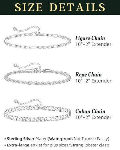 Plus Size Ankle Bracelets for Women - Extra Large 10"+2" Adjustable Anklet 14K Real Gold Plated Anklet Cuban Link, Figaro, Rope, Snake Herringbone - Summer Beach Waterproof Foot Jewelry - color: Figaro,Curb,Rope Silver