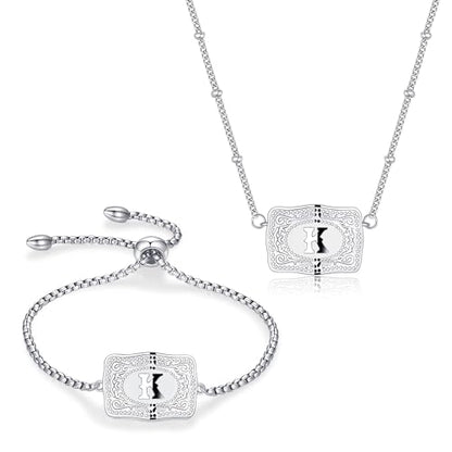 2 Pcs Belt Buckle Initial Necklace Bracelet Jewelry Set for Women, 18K Gold/Silver Plated Belt Buckle Initial A-Z Necklace Bracelet Set Unique Western Style Jewelry Gifts - style: K