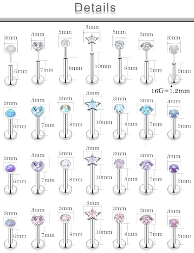 20G 18G 16G Threadless Lip Labret Medusa Monroe Nose Piercing Jewelry Surgical Steel Snake Bites Lip Rings Flat Back Push in Cartilage Tragus Helix Conch Earring Stud 6mm 7mm 8mm 10mm Bars - color: Silver-18G（1.0mm)-6/7/8/10mm Bars-3mm CZ
