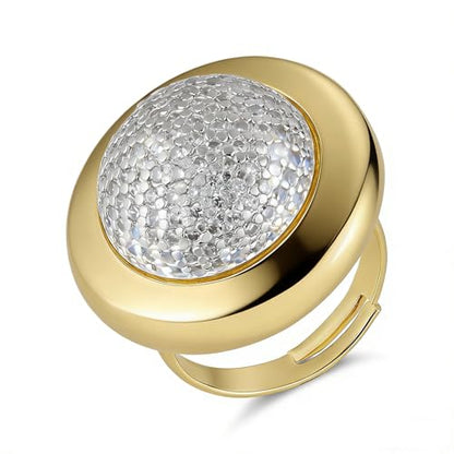 HZMAN Brass Crystal Adjustable Open Ring Collection, Multi-Style Statement Rings for Women & Men, Mix Cut & Paved Crystal Designs - color: Two-Tone Round Ring