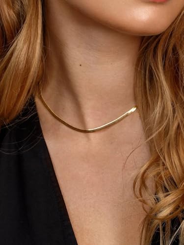 ChainsHouse Flat Snake Chain Herringbone Choker Necklace for Women, Stainless Steel/Rose Gold/18K Gold Plated Dainty Adjustable Simple Short Layered Necklaces, 12"/15"/18" with 3.5" Extender - color: a. 14k gold plated-3mm