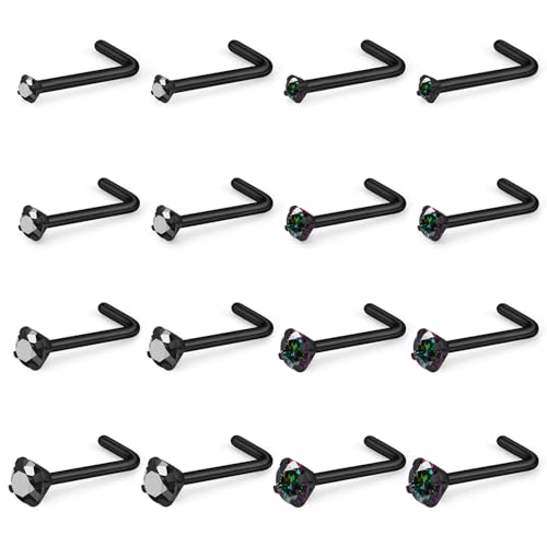 Black Nose Ring Surgical Steel Nose Rings Studs 22G 20G 18G L Shaped Nostril Piercings Cubic Zirconia Nostril Piercing Jewelry for Women Men 16Pcs 1.5mm 2mm 2.5mm 3mm Top - color: 18g,16pcs,L shaped nose studs