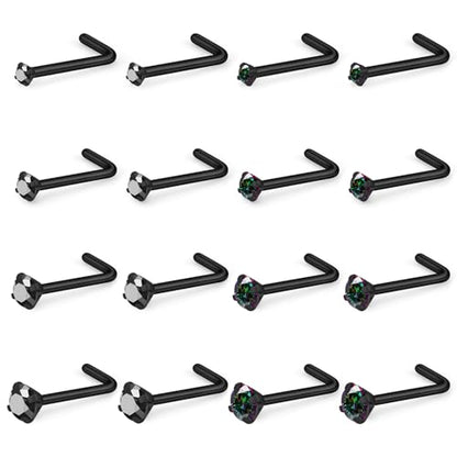 Black Nose Ring Surgical Steel Nose Rings Studs 22G 20G 18G L Shaped Nostril Piercings Cubic Zirconia Nostril Piercing Jewelry for Women Men 16Pcs 1.5mm 2mm 2.5mm 3mm Top - color: 22g,16pcs,L shaped nose studs