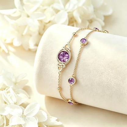 Midari 18K Gold Irish Infinity Celtic Knot Birthstone Layed Anklet Bracelet with 12 Months Birthstone Birthday Jewelry Gifts for Women Mom - color: 02-Amethyst, size: Anklet 9"-11"