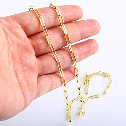 14K Gold Plated Dainty Paperclip Link Chain Necklace Bracelet Set for Women - style: 24" Gold Single Chain Necklace