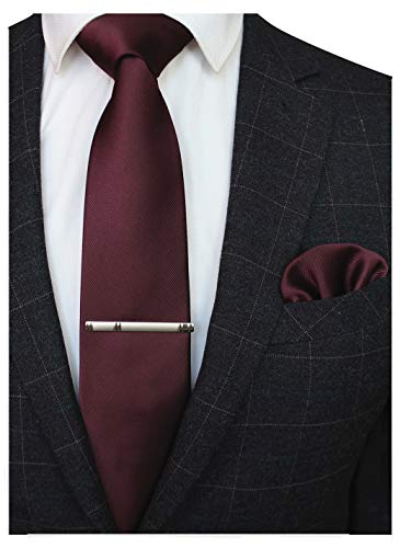 JEMYGINS Solid Color Formal Necktie and Pocket Square Tie Clip Sets for Men - color: Maroon