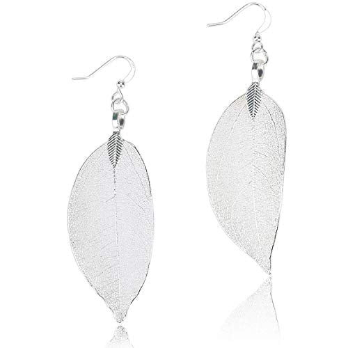 Filigree Long Leaf Pendant Dangle Necklace and Earring Jewelry Set | Beautiful Fashion Delicate Long Leaf Necklace Earrings For Women Trendy Boho - color: J-White Gold Earrings