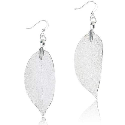 Filigree Long Leaf Pendant Dangle Necklace and Earring Jewelry Set | Beautiful Fashion Delicate Long Leaf Necklace Earrings For Women Trendy Boho - color: J-White Gold Earrings