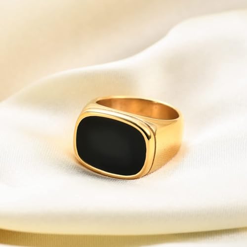 VQYSKO 14K Gold Plated Square Signet Ring | Stainless Steel Band for Men | Two-tone gold black signet ring fits index, middle &right ring fingers for daily jewelry matching