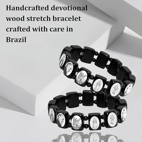 Catholica Shop Devotional Catholic Religious Wood Stretch Bracelets. Small and Large Panels with Assorted Images of Saints, Jesus and Mary. Unisex. Handcrafted in Brazil - style: B&W L Panel
