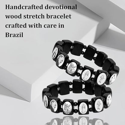 Catholica Shop Devotional Catholic Religious Wood Stretch Bracelets. Small and Large Panels with Assorted Images of Saints, Jesus and Mary. Unisex. Handcrafted in Brazil - style: B&W Sm Panel