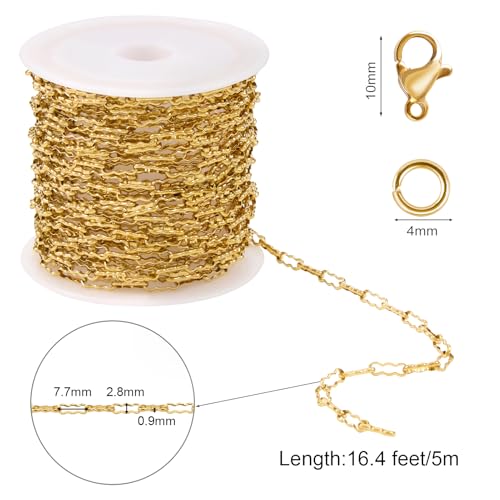 SMYHTGLIF 16.4 Feet Gold Stainless Steel Chain for Jewelry Making | Soldered Peanut Chain Bulk DIY Handmade Chain Roll for Craft Jewelry Supplies - color: Gold