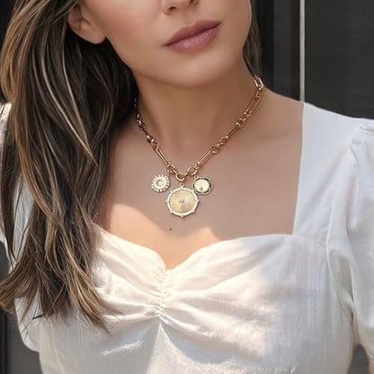 ORIGENCE Sun Heart Necklace for Women 18K Gold Plated Heart Pendant Necklace Chunky Chain Choker Necklaces Hip Hop Charm Necklaces Trendy Unisex Jewelry - style: 3Charm-Gold