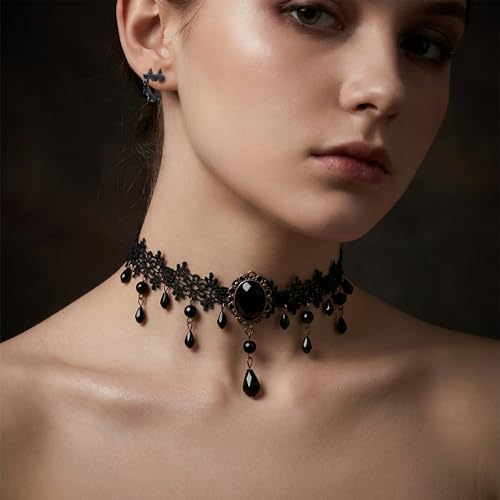 MOSTORY Gothic Accessories for Women, 3 Pcs Blakc Beaded Lace Choker Necklace Dangle Earrings Spike Heart Hoop Earrings Set for Goth Cosplay Witch Aesthetic Renaissance Renfaire Halloween